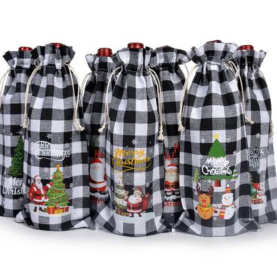 Pungă de vin de Crăciun Pungă simplă cu grilă și șnur pentru petrecere de Crăciun Decorare masă de cină Pungă reutilizabilă pentru ambalare cadou Cajas Para Regalo