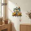 Durable Key Hook Wooden Fairy House Hanging Sign, Cottage Holder Wall Decor with 4 Entryway Storage Hooks, Vintage Flower Rack for Hallway Kitchen