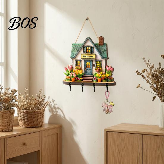 Durable Key Hook Wooden Fairy House Hanging Sign, Cottage Holder Wall Decor with 4 Entryway Storage Hooks, Vintage Flower Rack for Hallway Kitchen