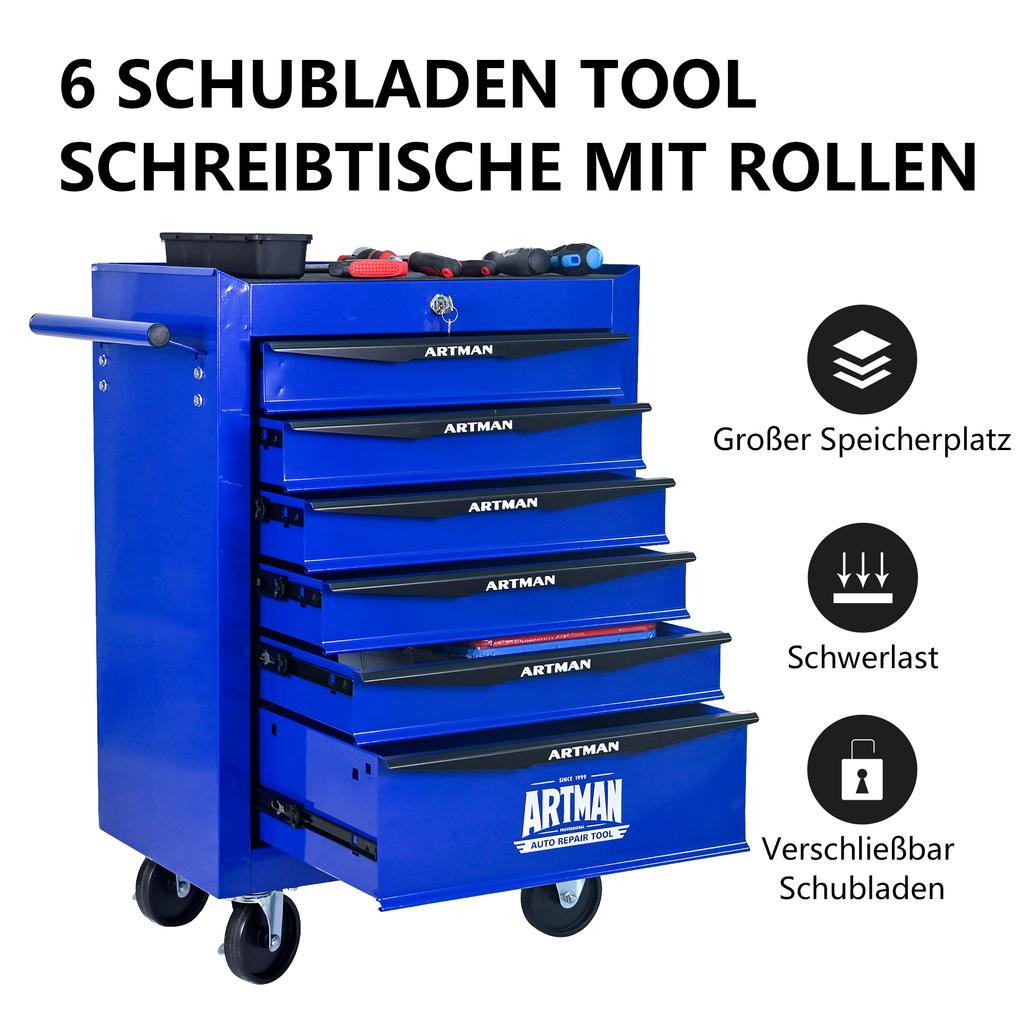 Mobile metal tool cabinet with 6 drawers, 508 mm (20 inch), ball-bearing drawer slides, organizing steel tool box – black-blue