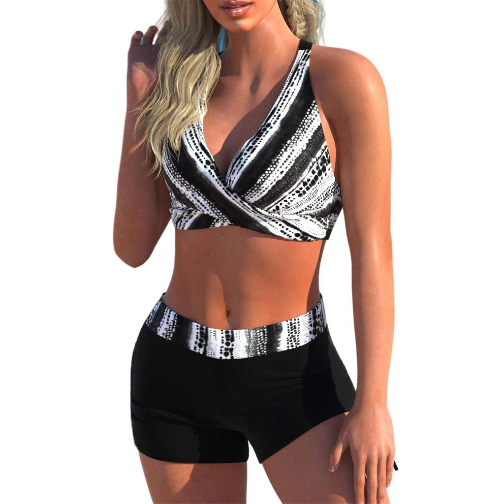 Sexy Hollow Out Back High Waist Bikini Swimsuit Women's Short Pants Quick Dry Two Piece Swimwear New 2025 Big Size