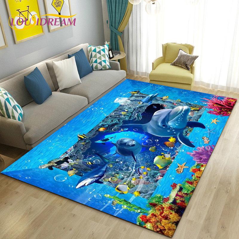 3D-Illusion Unterwasserwelt Meeresboden Delfin Hai Teppich, Teppich für Wohnzimmer Schlafzimmer Sofa Fußmatte Rutschfeste Bodenmatte