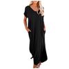 Casual Women's Loose Swing Long Dress V-neck Short-sleeve Solid Color Side Slit Summer Fashion