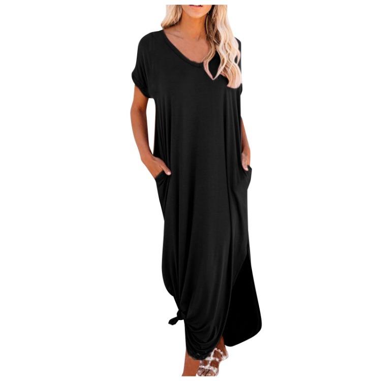 Casual Women's Loose Swing Long Dress V-neck Short-sleeve Solid Color Side Slit Summer Fashion