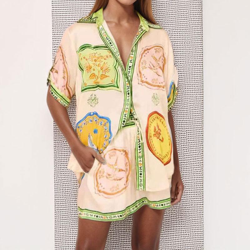 2026 spring new women's clothing cross-border foreign trade Europe, America, fashion and retro contrasting color printing drawstring button set 661