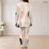 Women Plus Size White Blue Green Printed Front Zip Long Sleeve Top And Long Pants Two Piece Set