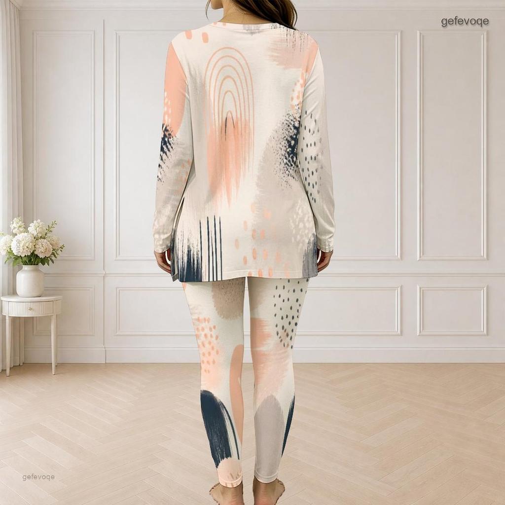 Women Plus Size White Blue Green Printed Front Zip Long Sleeve Top And Long Pants Two Piece Set