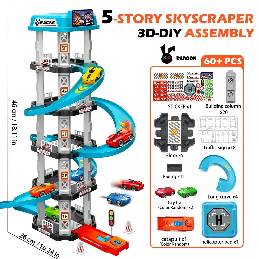 5-Level 3D Parking Garage Track Playset with 2 Cars, 360° Rotating, Drift Tracks, Helipad & Launcher | DIY Assembly Educational Toy