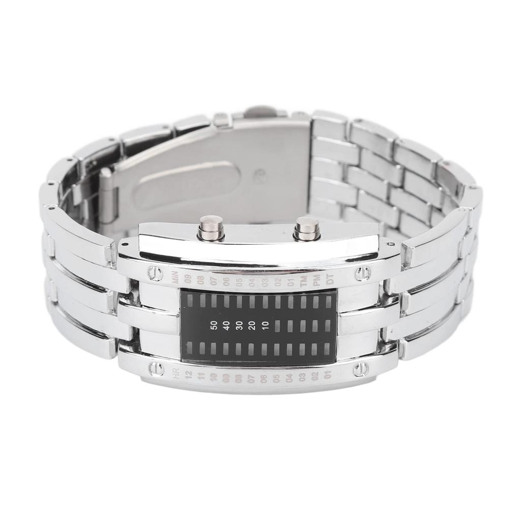 Men's LED Watch Ique Binary Time Mode Display Convex Arc Structure Silver Electronic Wristwatch (Small 8x26cm)