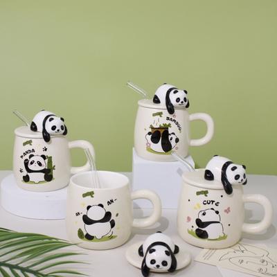 Cartoon Embossed Panda Mug, High-looking, Creative and Cute Ceramic Cup with Lid, Straw, Coffee Milk Breakfast Cup