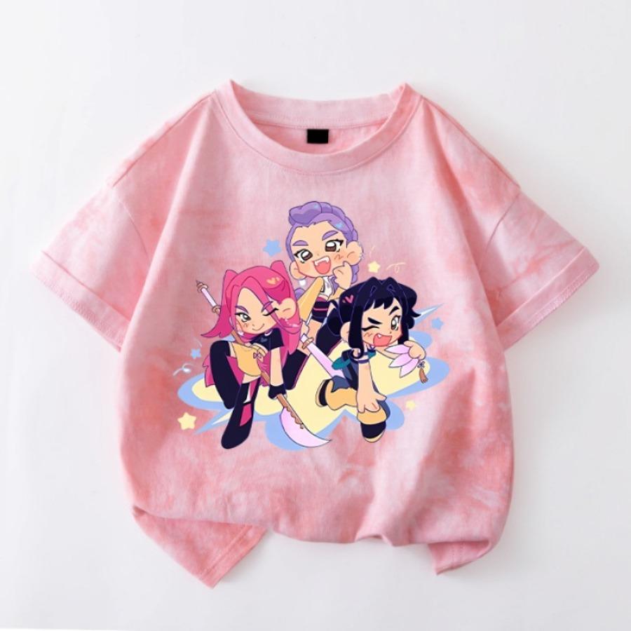 Kawaii KPop Demon Hunters Tie-dye T-shirt Girls Short Sleeve Tops Rumi Mira Zoey Printed Tee Shirts Summer Children's Clothing