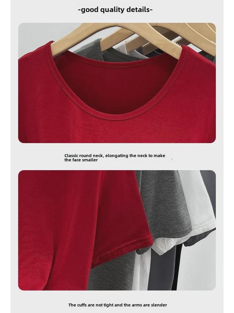 Damski T-shirt Modalowy z Dekoltem U w Dużym Rozmiarze - Elastyczny, Luźny Krój, Letni Top z Krótkim Rękawem