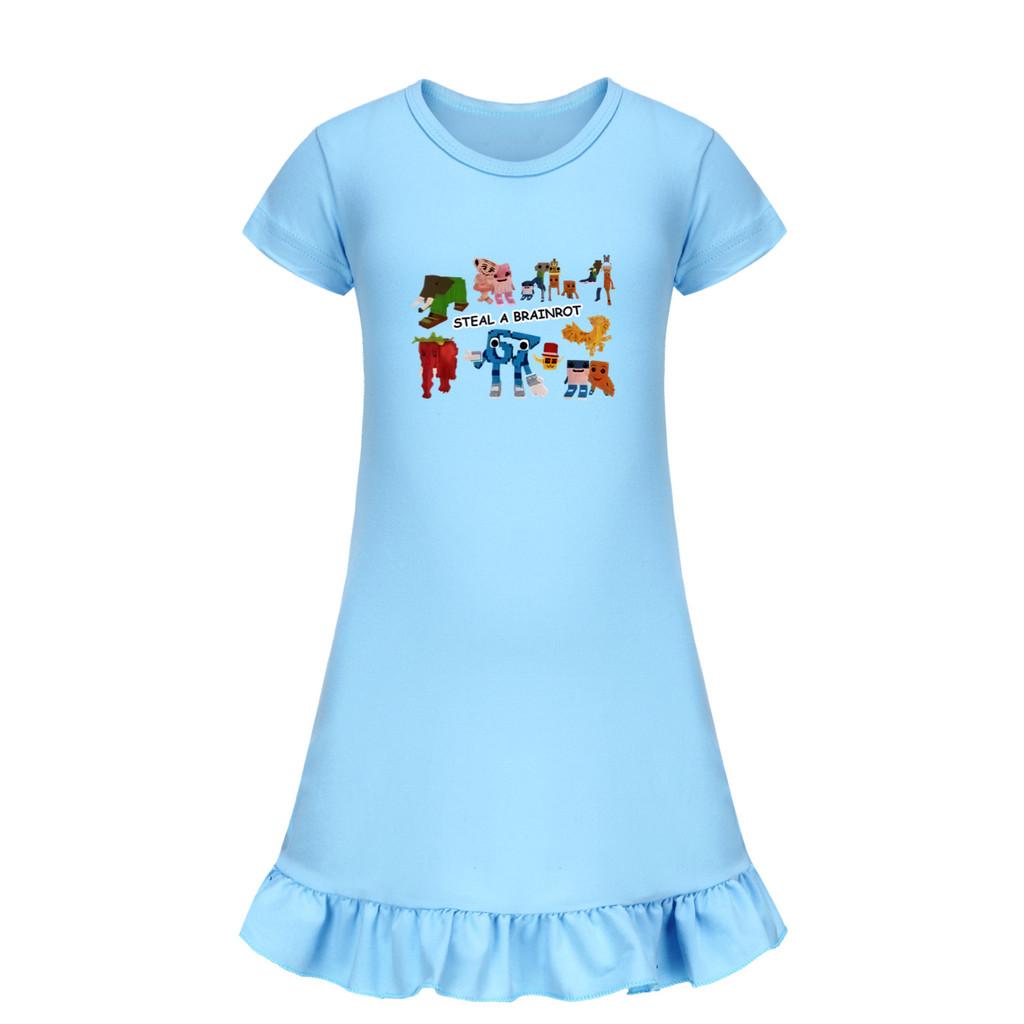 5214 Kids Girls Steal a Brainrot 67 Six Seven Printed Ruffle Short Sleeves Casual Dress