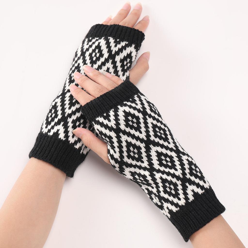 Zweifarbige rautenförmige kurze Handschuhe, neue Herbst- und Winter-Woll-Warme Ärmel, modische Damen-Strick-Fingerhandschuhe