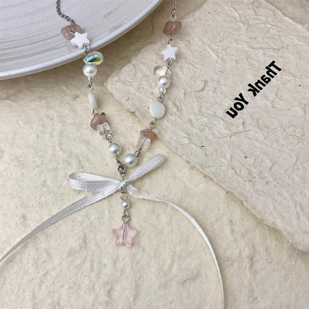 Fashionable Bowknot Star Pendant Necklace Handmade Colorful Beads Neckchain Bow Clavicle Chain for Women Girls Choker