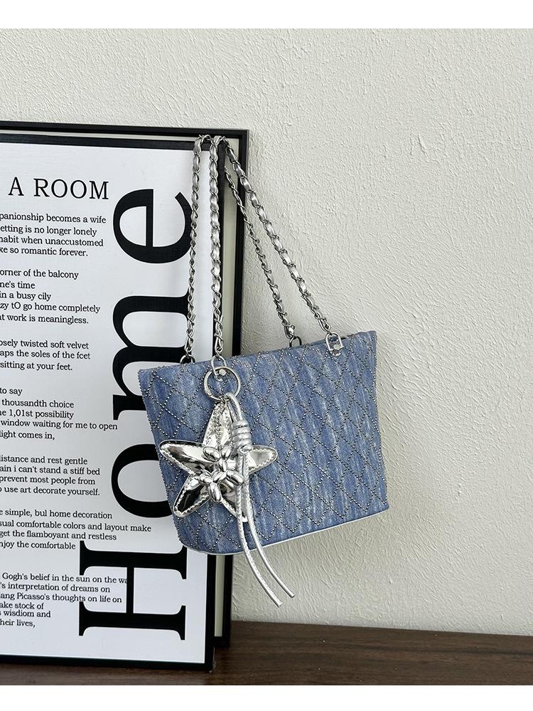 Geantă Dama Trendy din Denim tip Bucket - Elegantă Single-Shoulder Crossbody cu Detalii Strass
