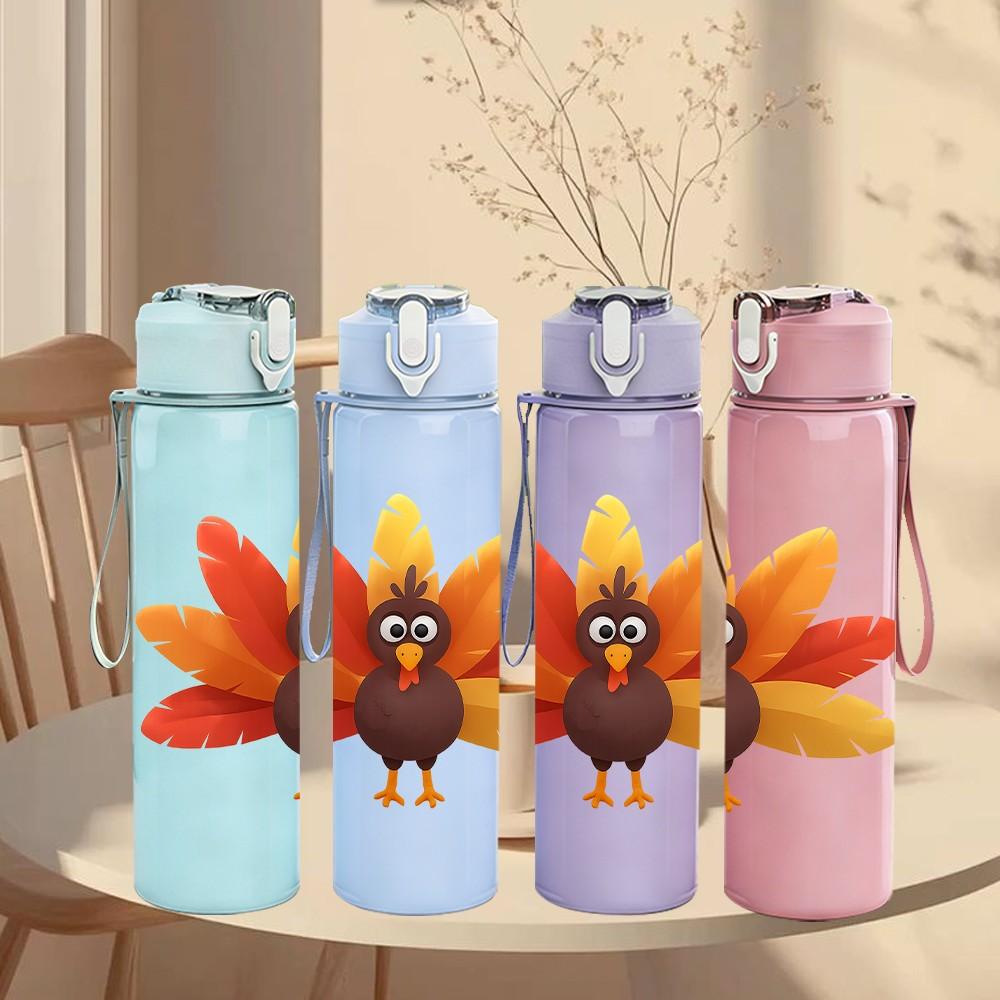 1PC Colorful Thanksgiving Turkey 750ml Color Plastic Sports Water Bottle Leakproof Flip Straw Lid Suitable for Sports Office Home Use