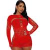 Sexy See Through Mesh Playsuit Women Rompers Long Sleeve Hollow Out Skinny Night Club Outfit One Pieces Jumpsuit Shorts Bodysuit