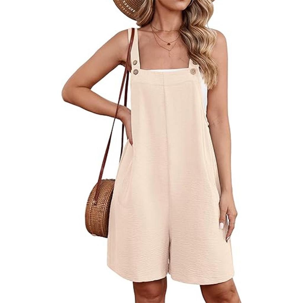 Women's Color Buckle Jumpsuit Shorts With Pockets And Suspenders