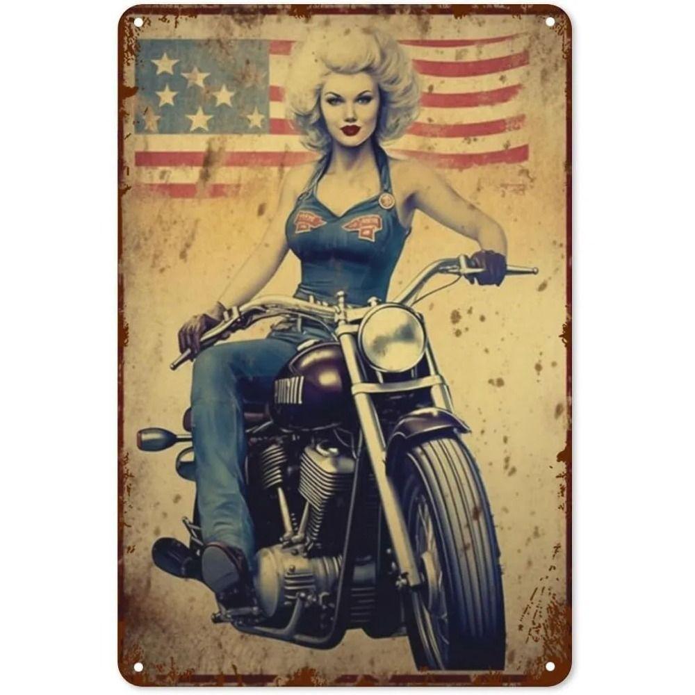 Vintage Motorcycle Girls Metal Tin Sign Garage Bar Decor