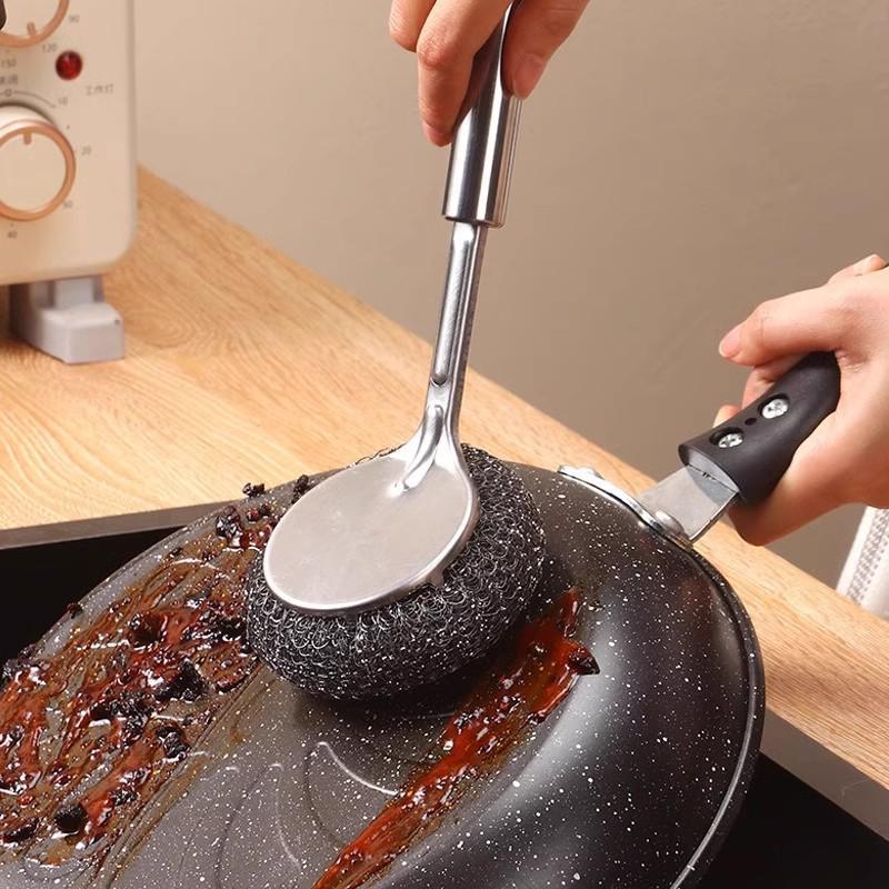 Long Handle Stainless Steel Pot Brush with Non-Shedding Steel Wool
