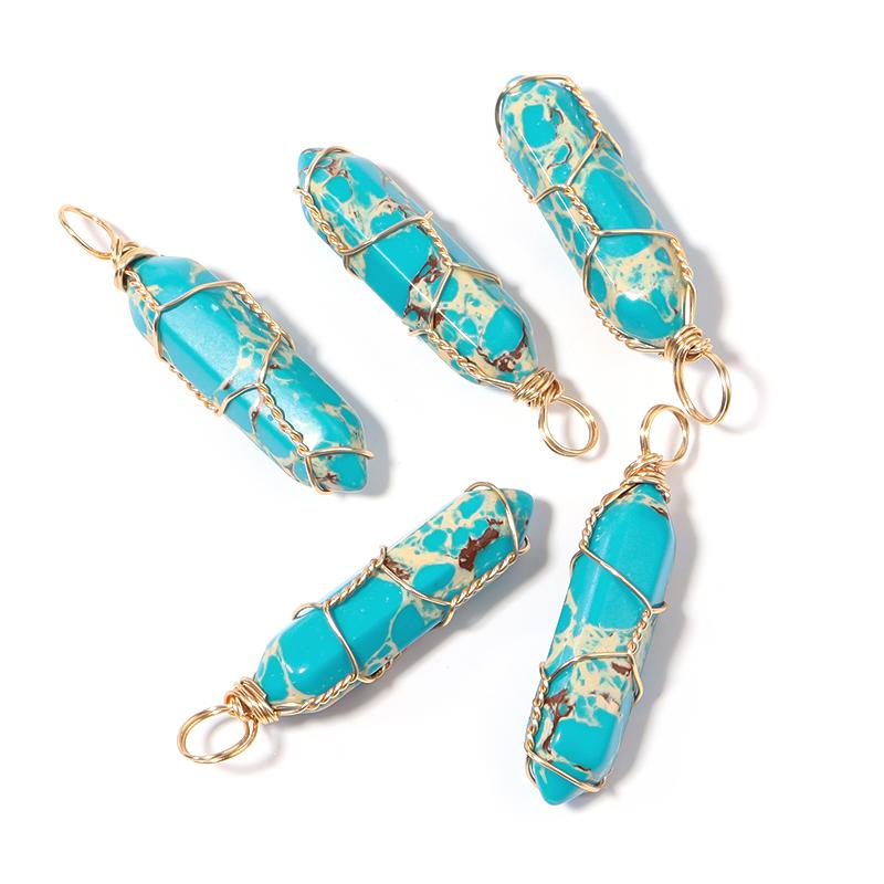 1 Pc Natural Stone Charms 40mm Color Bullet Shaped Handmade Gold Wire Pendants for DIY Necklace Gifts Jewelry Making Accessories