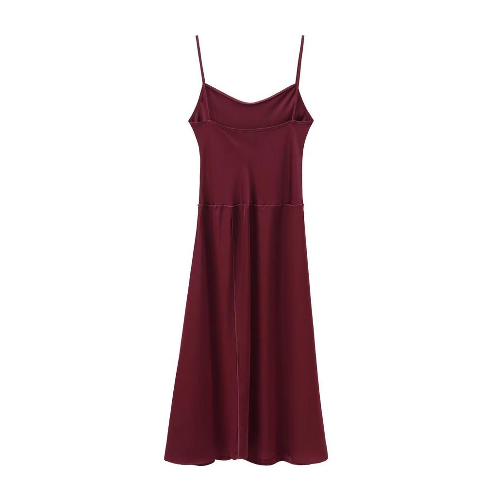 European & American Women's Autumn Burgundy Draped Sling Dress - Elegant & Lazy French Style