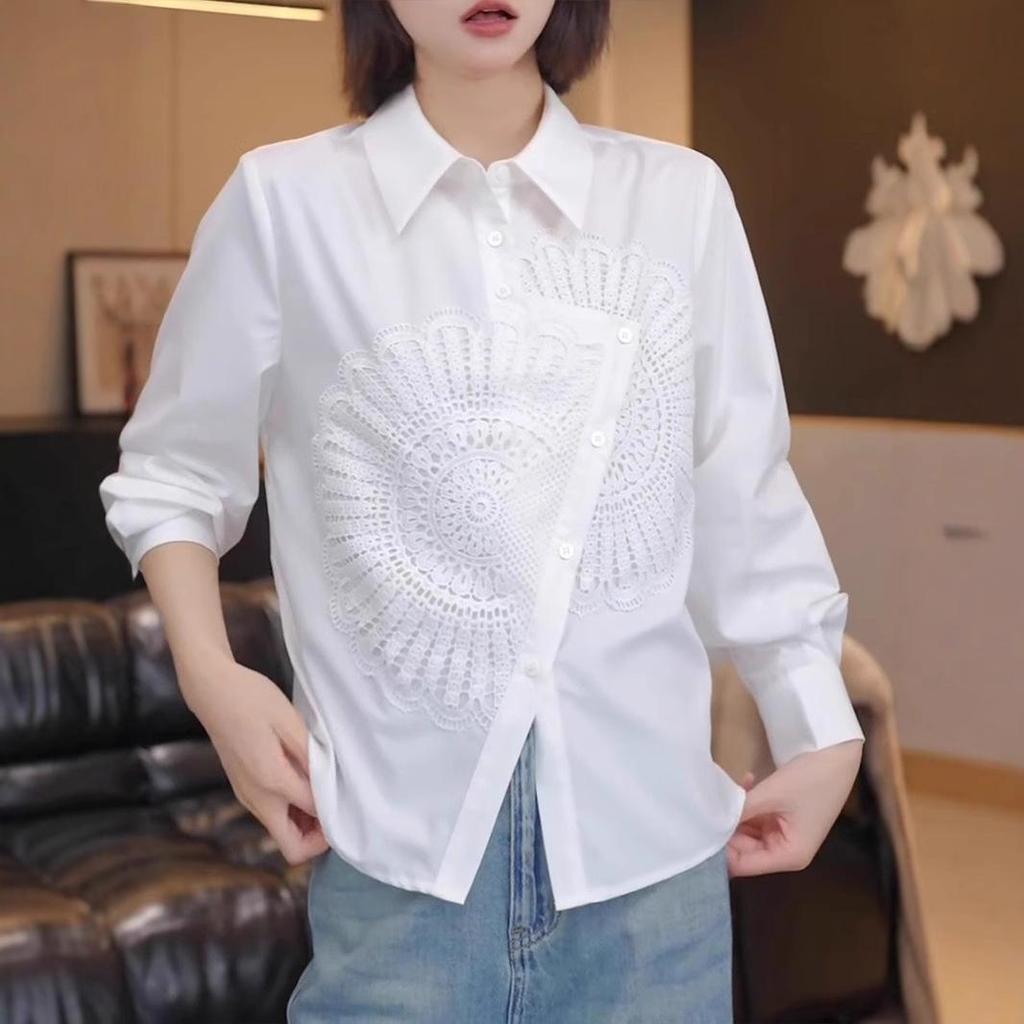 Women's Embroidered Sunflower White Long Sleeve Shirt, Spring/Autumn 2026 Collection