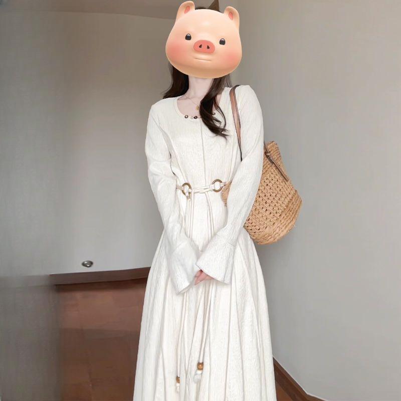 French Square Neck Long Sleeve Dress for Women Spring/Autumn Style Waist-Cinching Flared Long Sleeve Textured Maxi Dress Ethnic Style Skirt