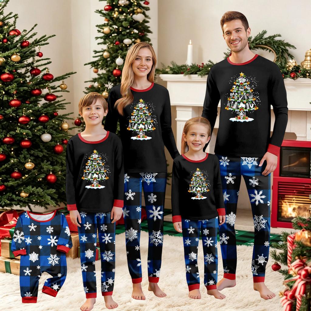 Christmas Print Crewneck Top and Plaid Pants Set, 2 Piece Holiday Outfit