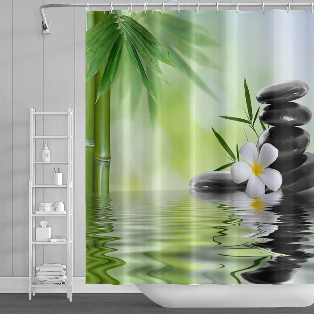 Rural Landscape Shower Curtains Creek Stone Lotus Buddha Bath Curtain Natural Scenery Waterproof Bathroom Home Decor With Hooks