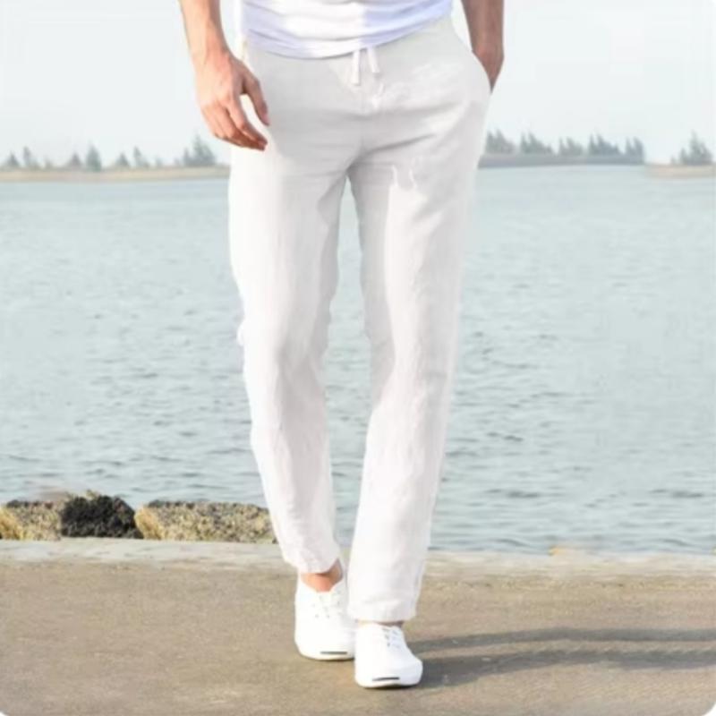 Men's Cotton Linen Long Pants Summer Solid Color Breathable Linen Trousers Male Casual Elastic Waist Casual Pants Harajuku Trous