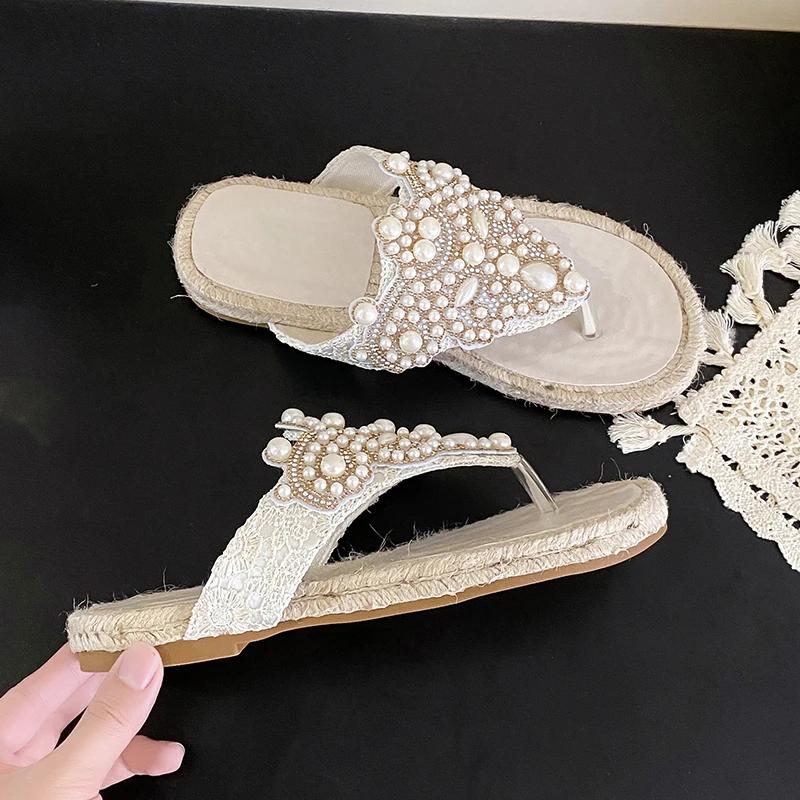 Fashion Beaded Women Flats Flip Flops Crystal Weave Slippers Casual Shoes Summer New Sandals 2025 Designer Luxury Clip Toe Shoes Zapatos
