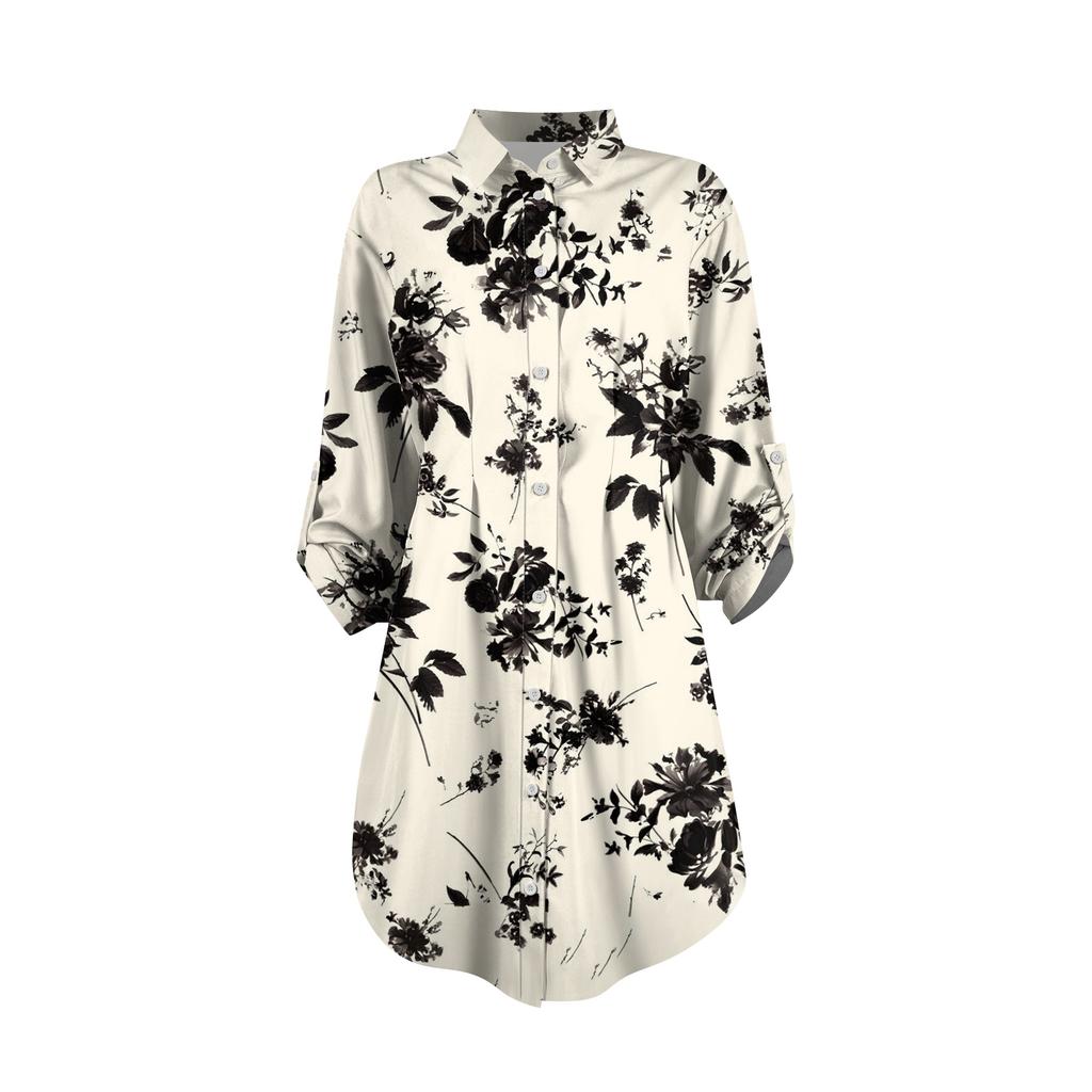 Damen Locker sitzendes V-Ausschnitt Langarmkleid Druck Arbeitshemdkleid