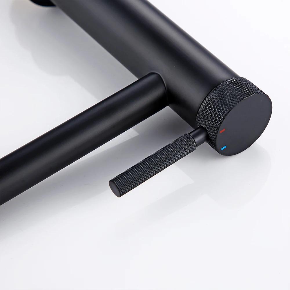 Round Fancy Handle Black Brass Deck Mounted Single Holder Hole Basin Hybrid Hot and Cold Water Bathroom Faucet