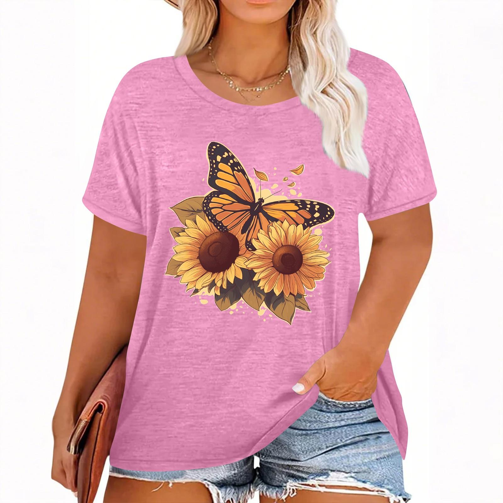 Women s Hawaiian Floral Print Short Sleeve T-Shirt Top XXL розовый