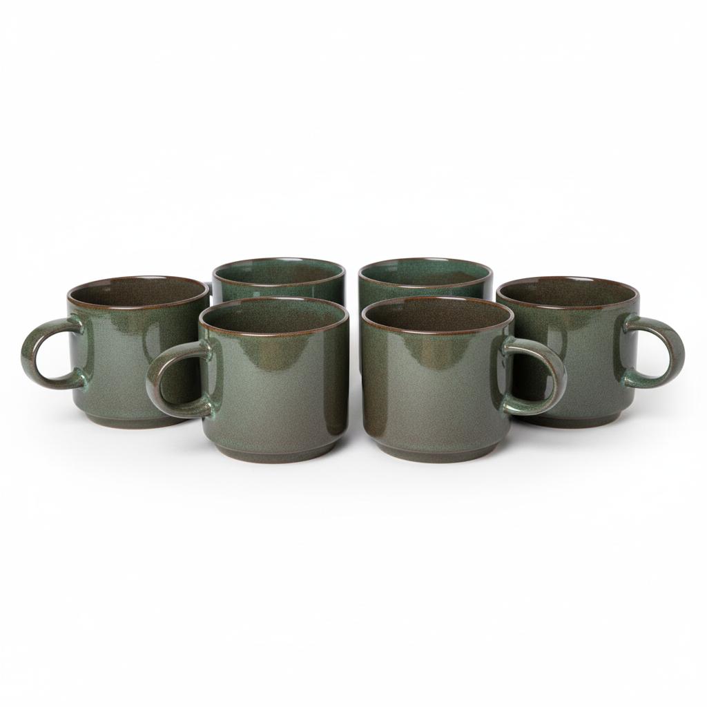 Coffee Tea Mugs Set 6 Pcs Dark Green Matte 350 Ml Ø 9.5 Cm