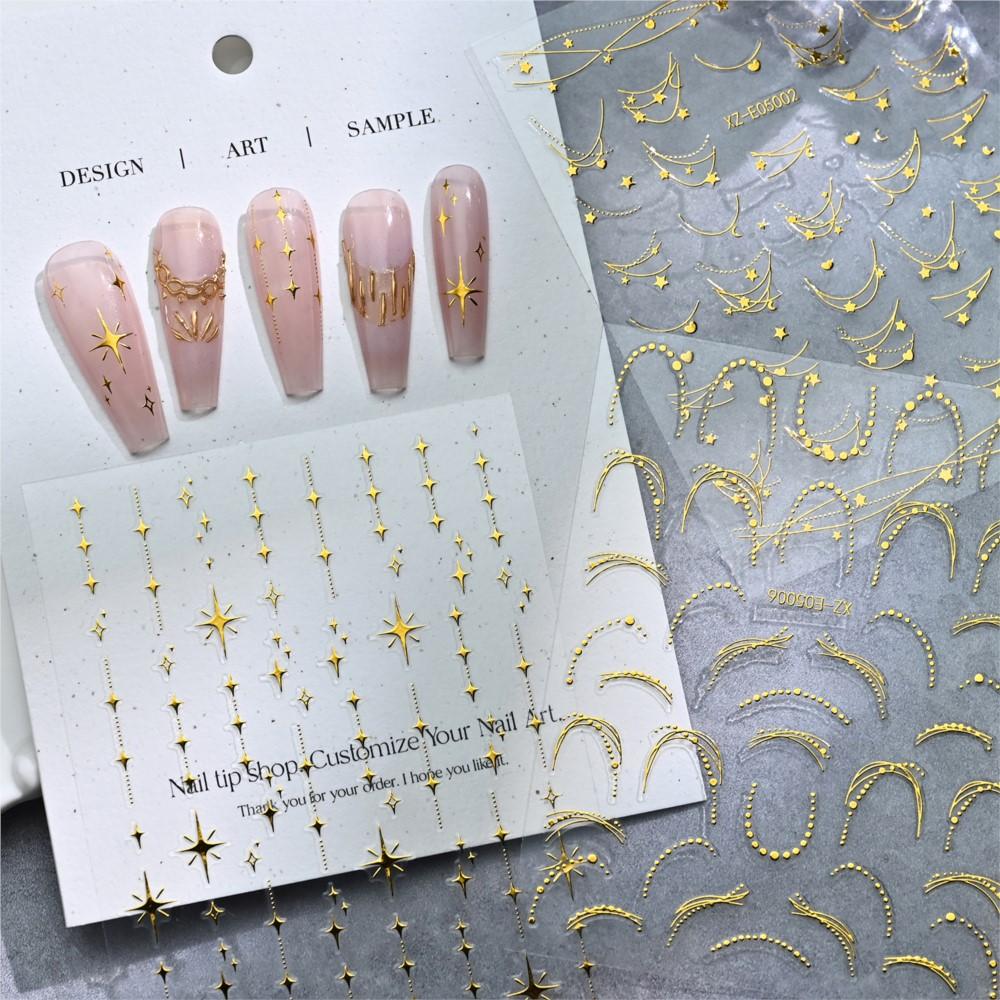6sheets 3D Bronzing Gold Star Moon Nail Sticker Metal French Chain Star & Starlight Nail Decals Self-Adhesive Nail Decora 8*10cm