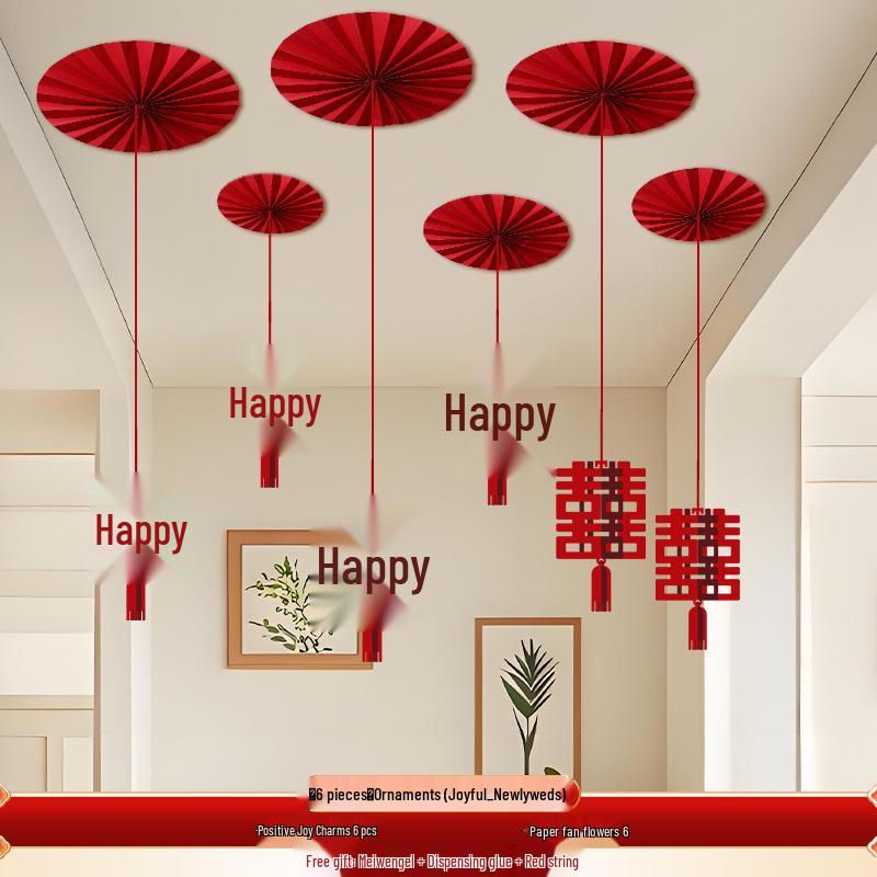 Wedding Décor: Double Happiness Paper Cut Ornaments for Ceiling and Walls, Festive Butterfly Pull Flowers for Bedrooms and Living Rooms