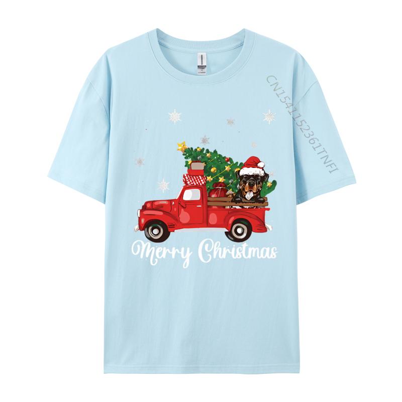 Rottweiler Dog Riding Red Truck Christmas Tshirt Novelty Tee Shirts Vintage Cotton Tops Tee Graphic T Shirts Men Cotton