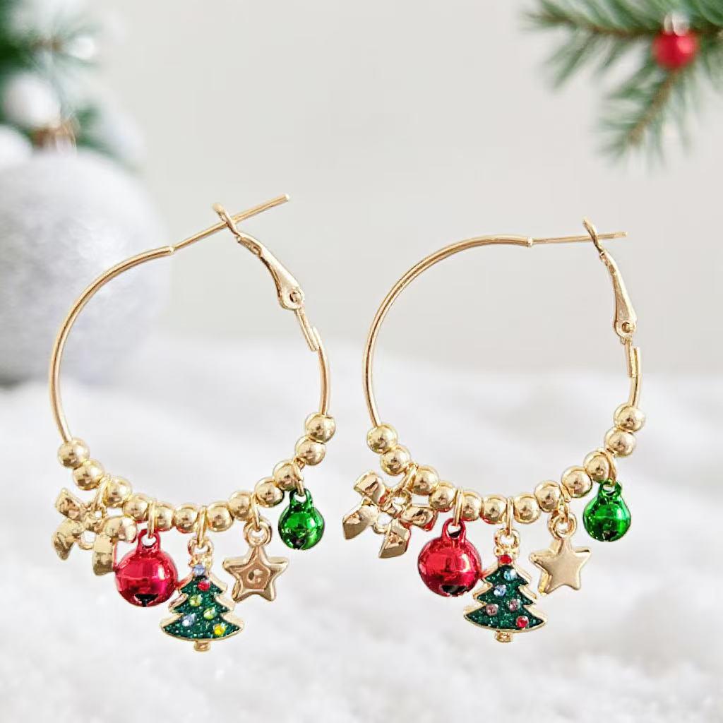 Festive Rhinestone Jingle Bell Earrings: Christmas Tree, Bowknot, Ear Pins & Hoops.