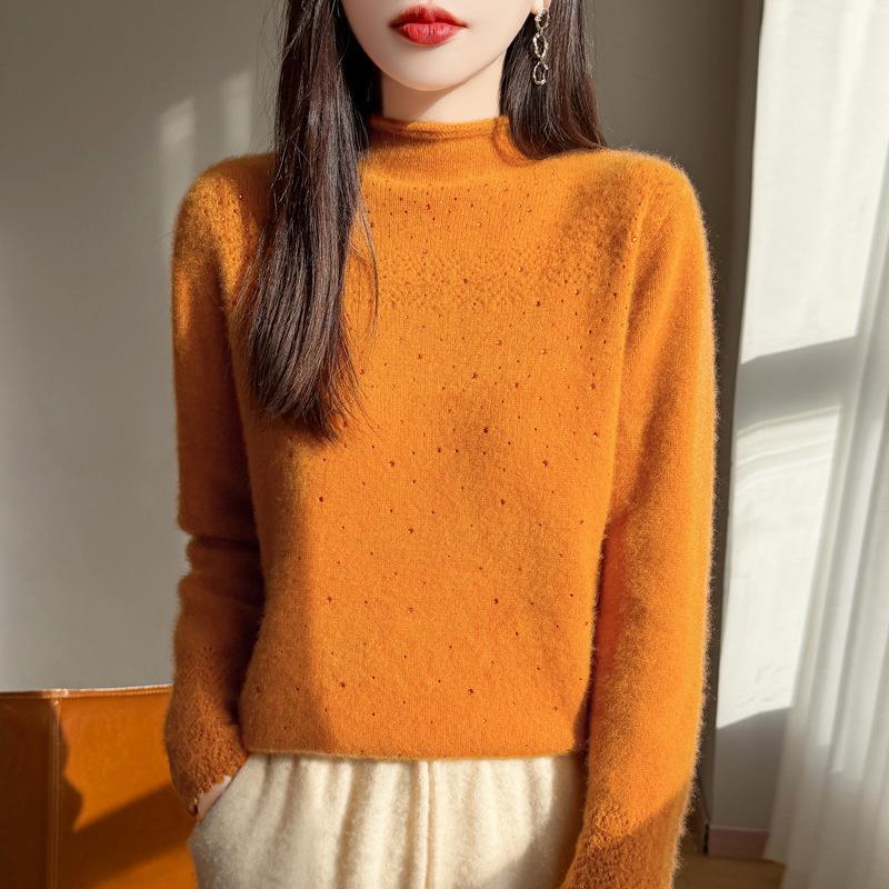 2026 A/W Wool Sweater: Thickened Roll Edge, Half-High Collar, Long Sleeve, Hot-Fix Rhinestone, Hollow-Out Knitwear.