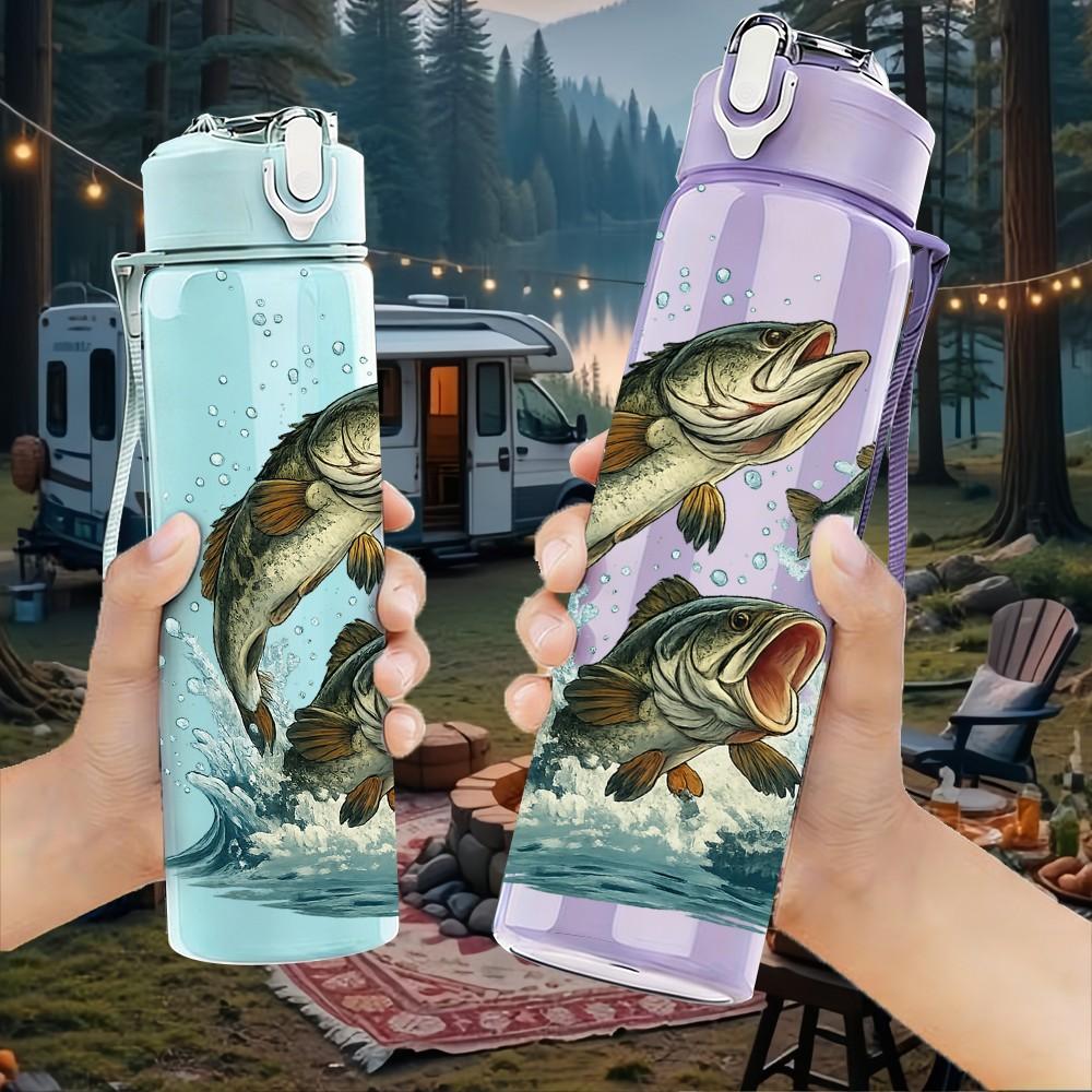 1PC Jumping Trout Fish Water Splash Print 750ml Color Plastic Sports Water Bottle Leakproof Flip Straw Lid Suitable for Sports Office Home Use