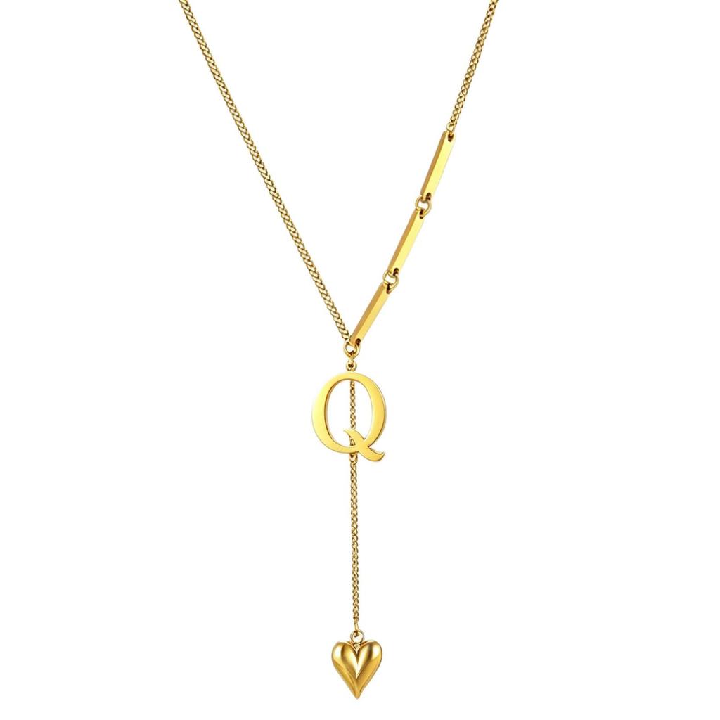 Initial Letter Necklace Gold Plated Stainless Steel Puffy Heart Pendant A-Z Alphabet Lariat Y Choker Waterproof