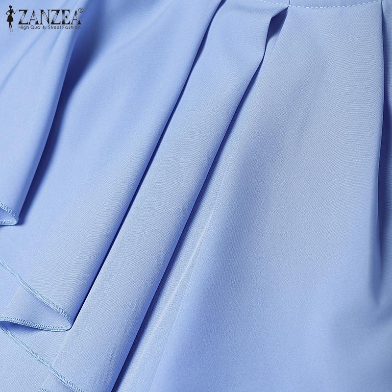 ZANZEA Women Casual Round Neck Short Sleeve Summer Ruffles Blouse