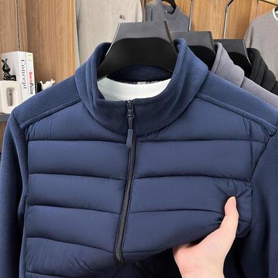 Men's Lambswool Patchwork Stand Collar Jacket - Warm, Velvet-Padded, Cotton, for Winter and Autumn