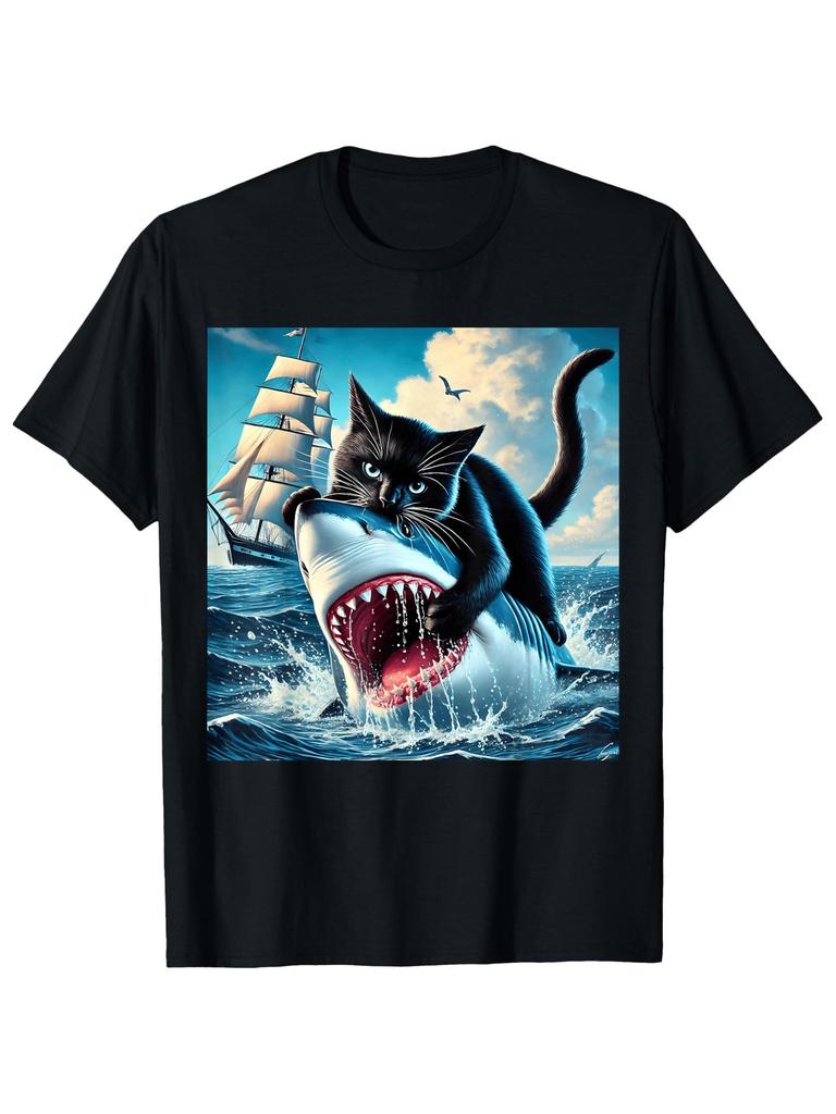 Schwarze Katze reitet auf Hai auf Segelboot T-Shirt