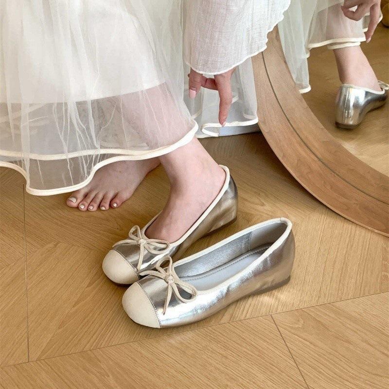 Inner Heightening Version~ French Fairy Wind Light Mouth Bow Single Shoes Women's Spring and Autumn Soft-soled Color Matching Small Fragrant Wind Si