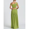 Women Sexy One Shoulder Crop Top Slit Pleated Midi Skirt Two Piece Set
