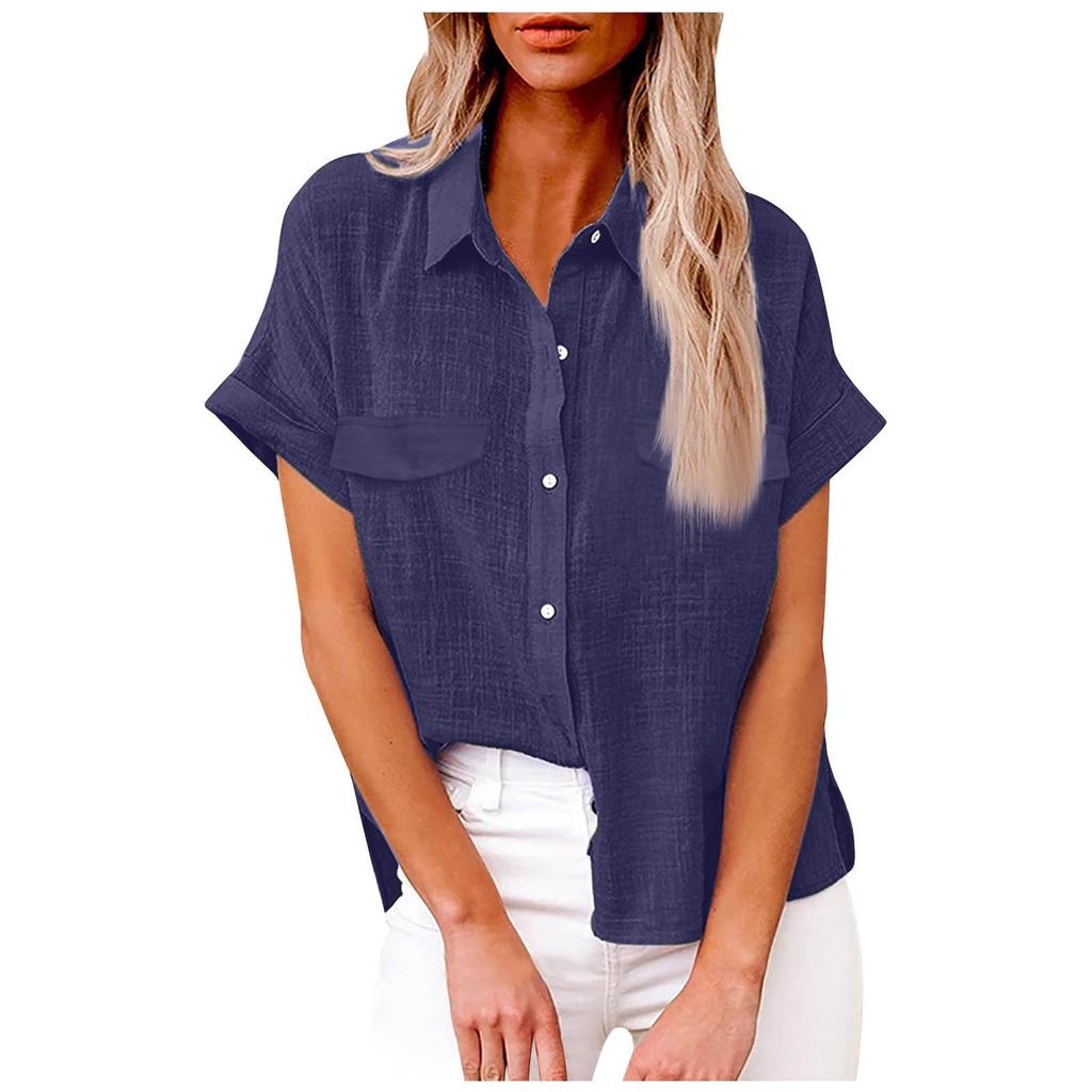 Women's Fashionable Loose-Fit Casual Shirt Button-Up Short-Sleeve Cotton-Linen Blend Top